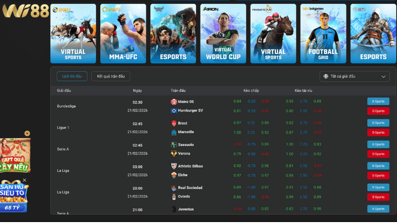 Những kèo cược hấp dẫn trong sảnh Thể Thao WI88